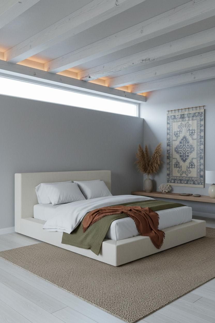 Coastal Bedroom Whitewashed Beams Neutral