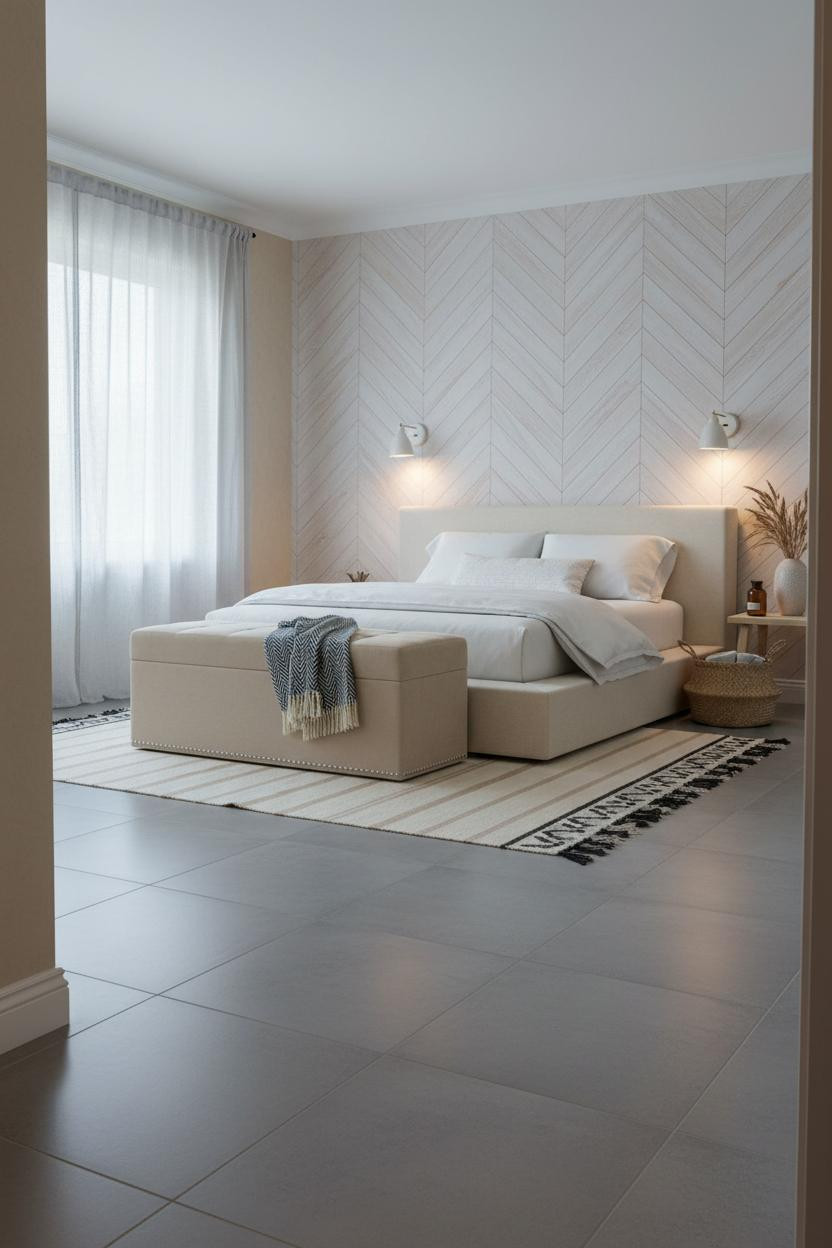 Coastal Bedroom Whitewashed Herringbone Accent Wall