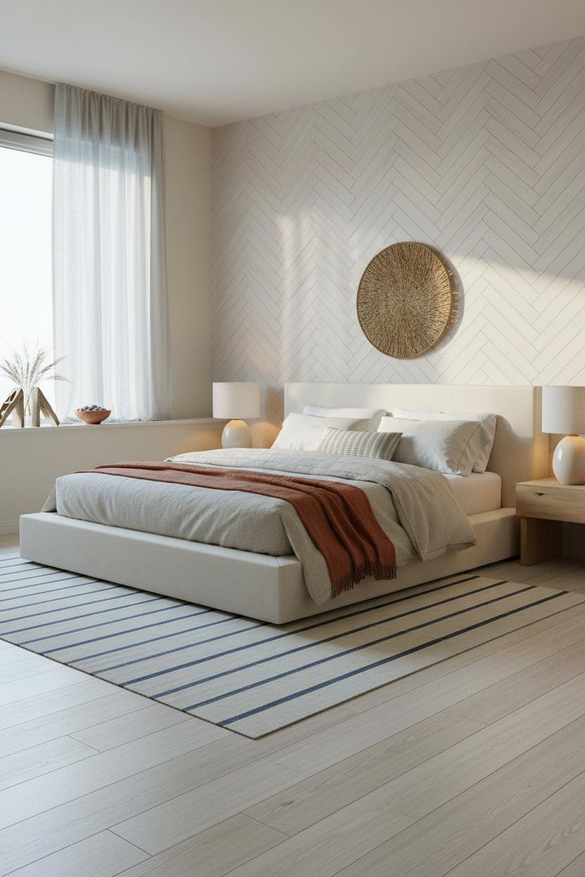 Coastal Bedroom Whitewashed Herringbone Wood Wall