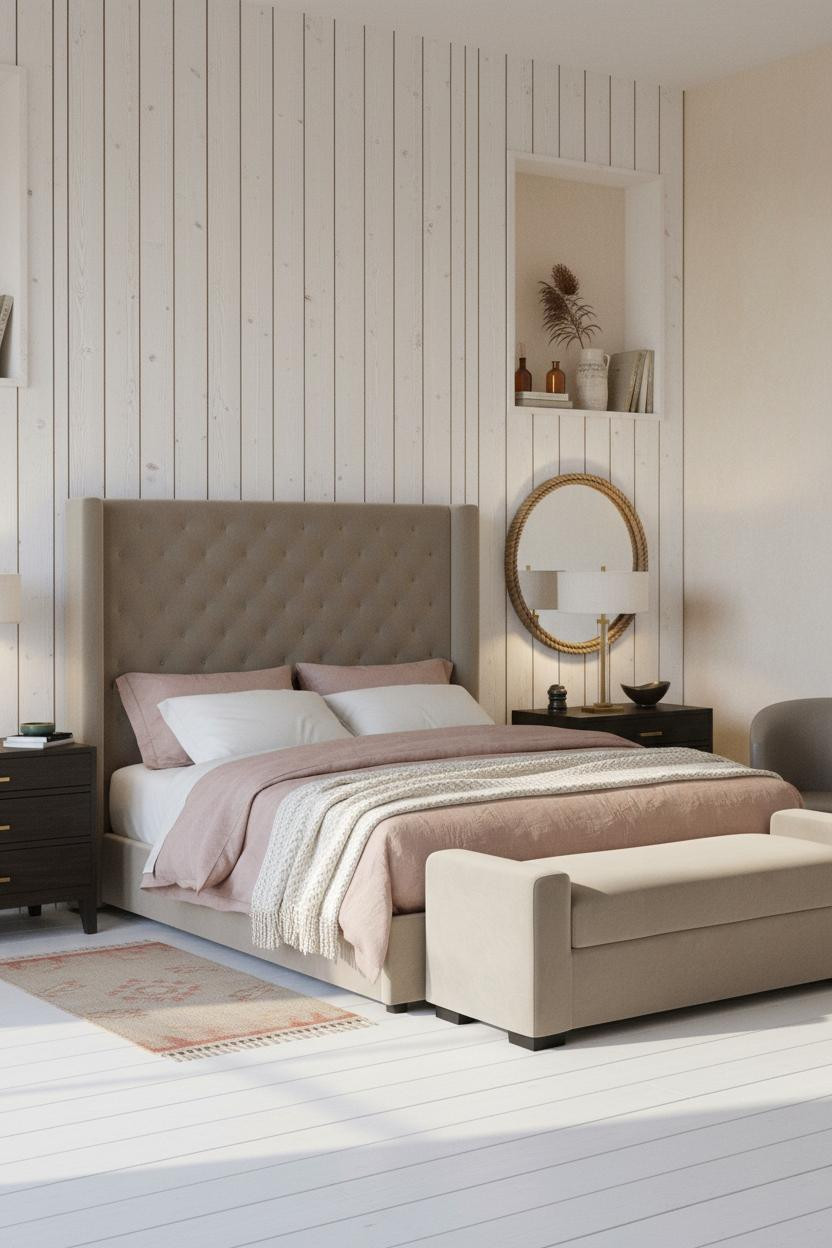 Coastal Bedroom Whitewashed Paneling Driftwood