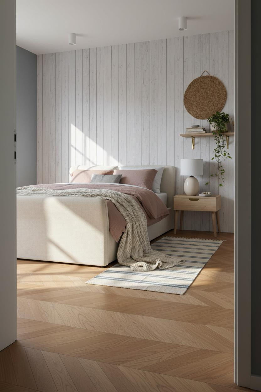 Coastal Bedroom Whitewashed Paneling Neutral