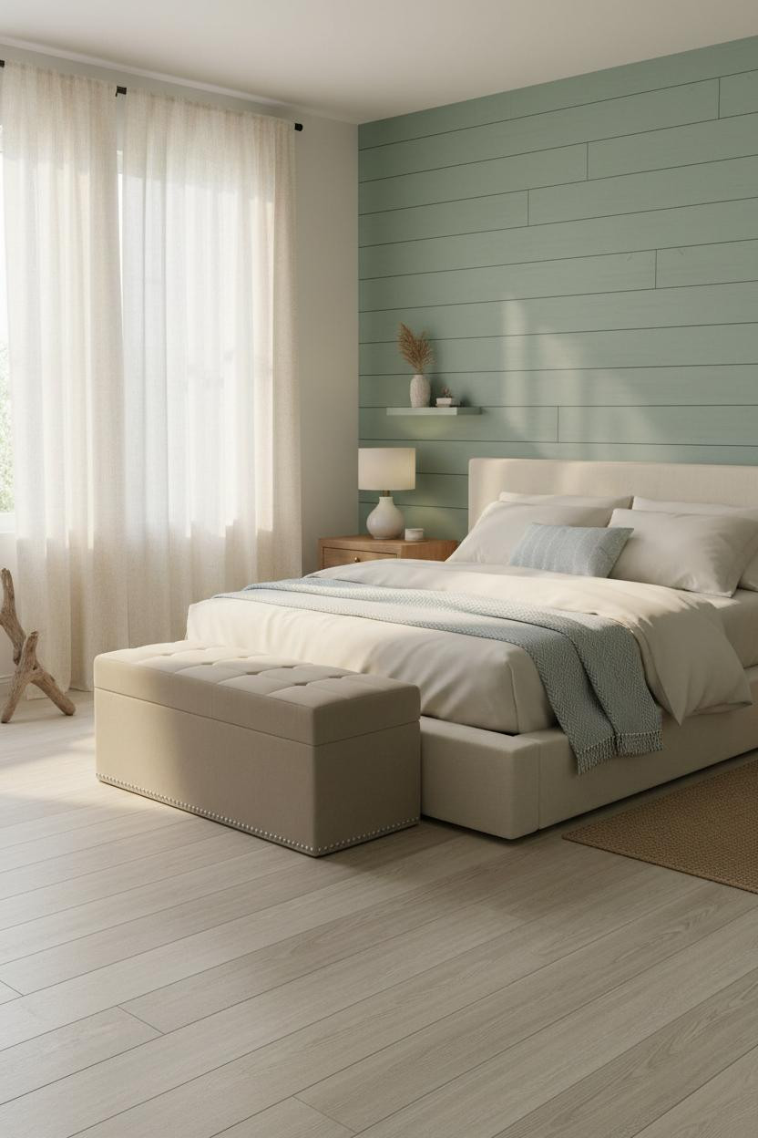 Coastal Bedroom Whitewashed Shiplap Seafoam