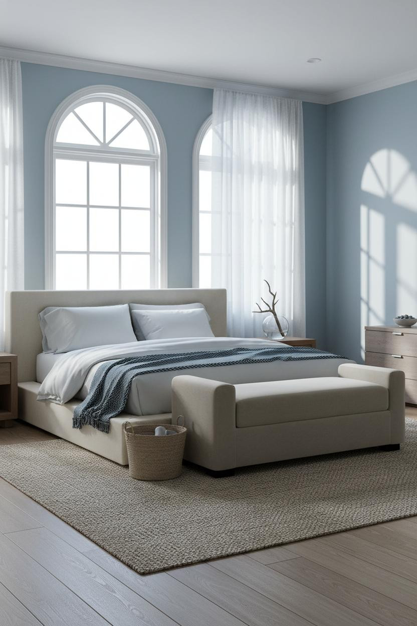 Coastal Blue Bedroom Arched Window