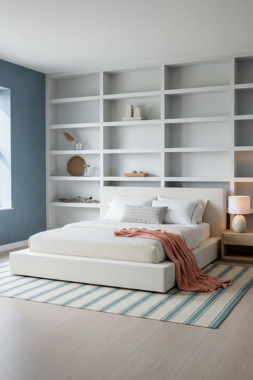 Coastal Blue Bedroom Built In Shelves