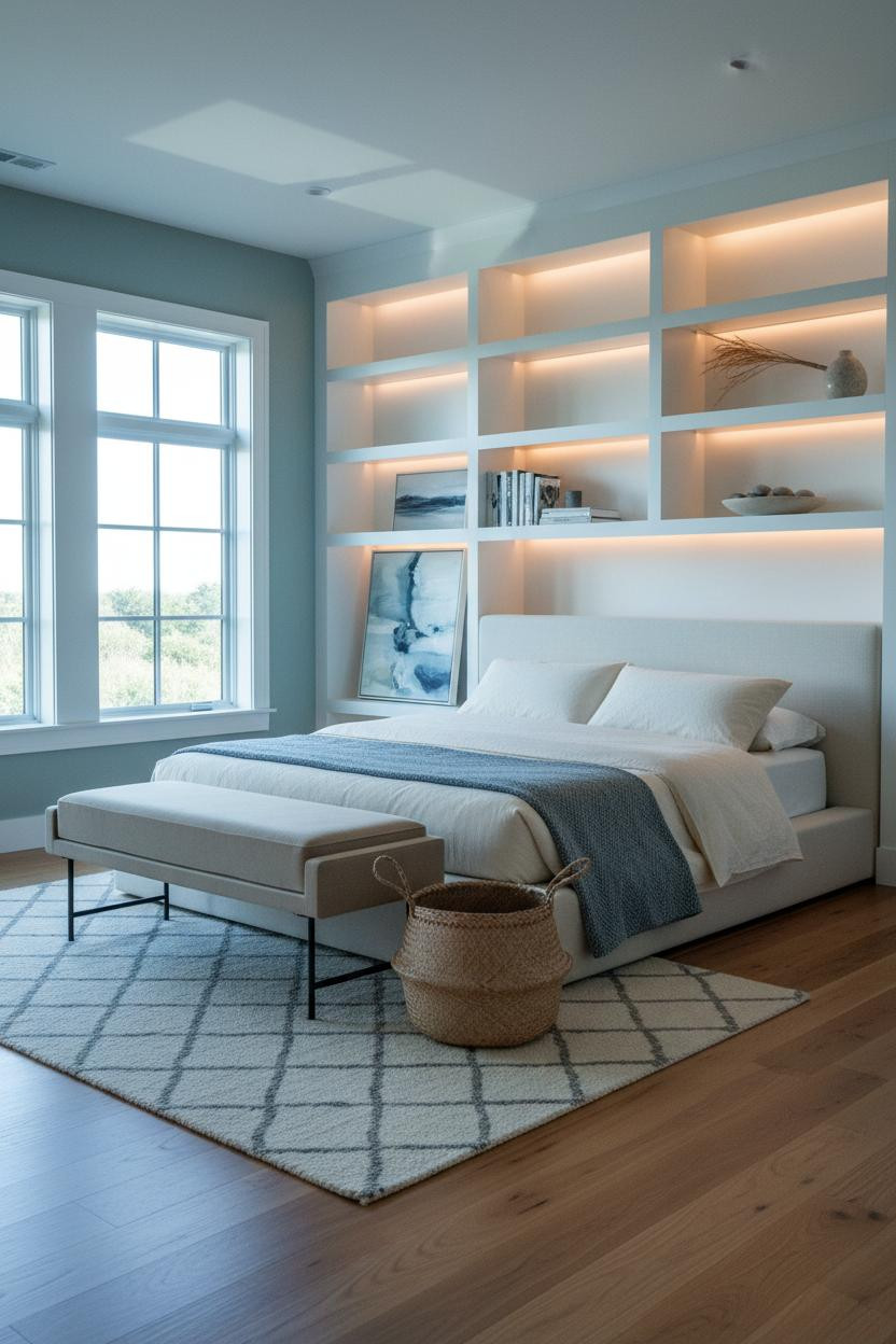 Coastal Blue Bedroom Built In Shelves