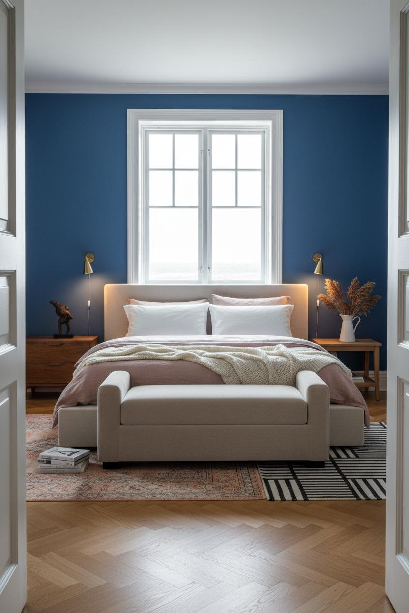 Coastal Blue Bedroom Master Bed Sash Window