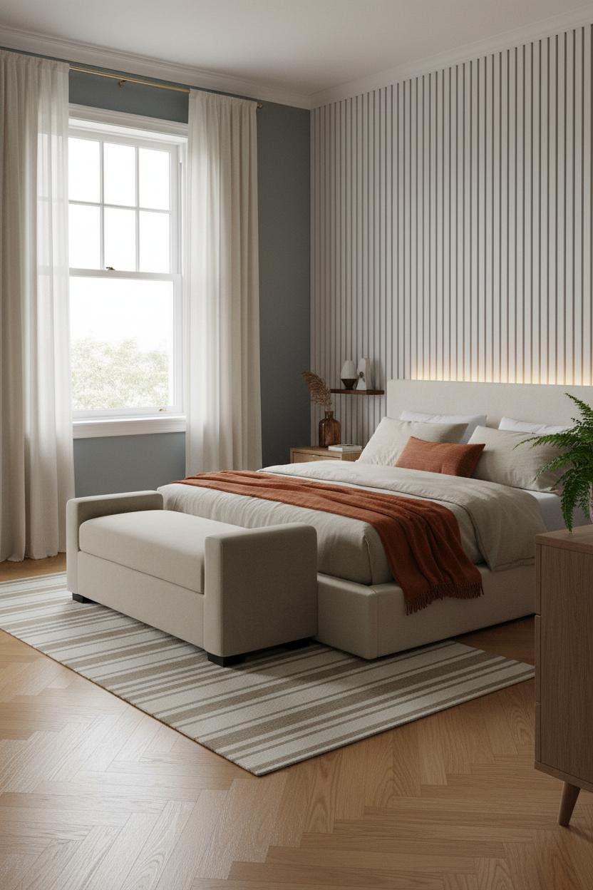 Coastal Blue Bedroom Master Bed Slatted Wall