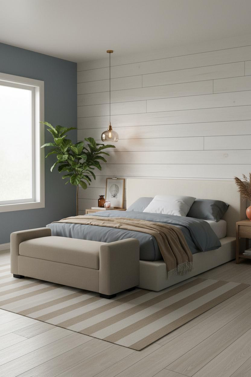 Coastal Blue Bedroom Shiplap Accent Wall