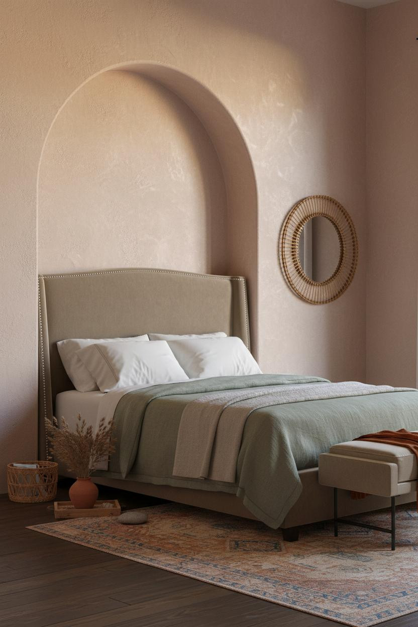 Coastal Boho Bedroom Arched Alcove Rattan