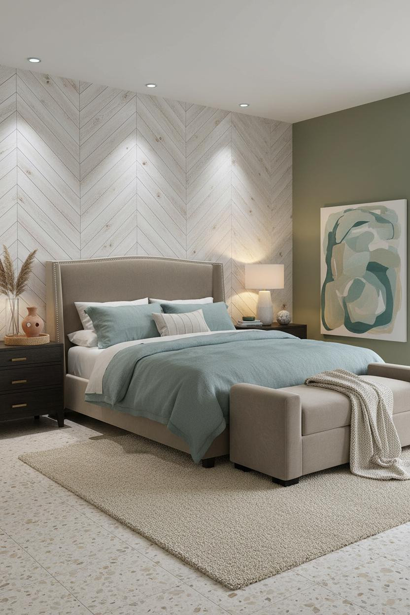 Coastal Boho Bedroom Herringbone Accent Wall