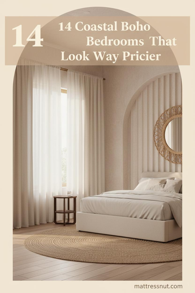 Coastal boho bedroom with limewash plaster arch, driftwood plank floors, linen curtains, jute rug, and round rattan mirror in warm amber light