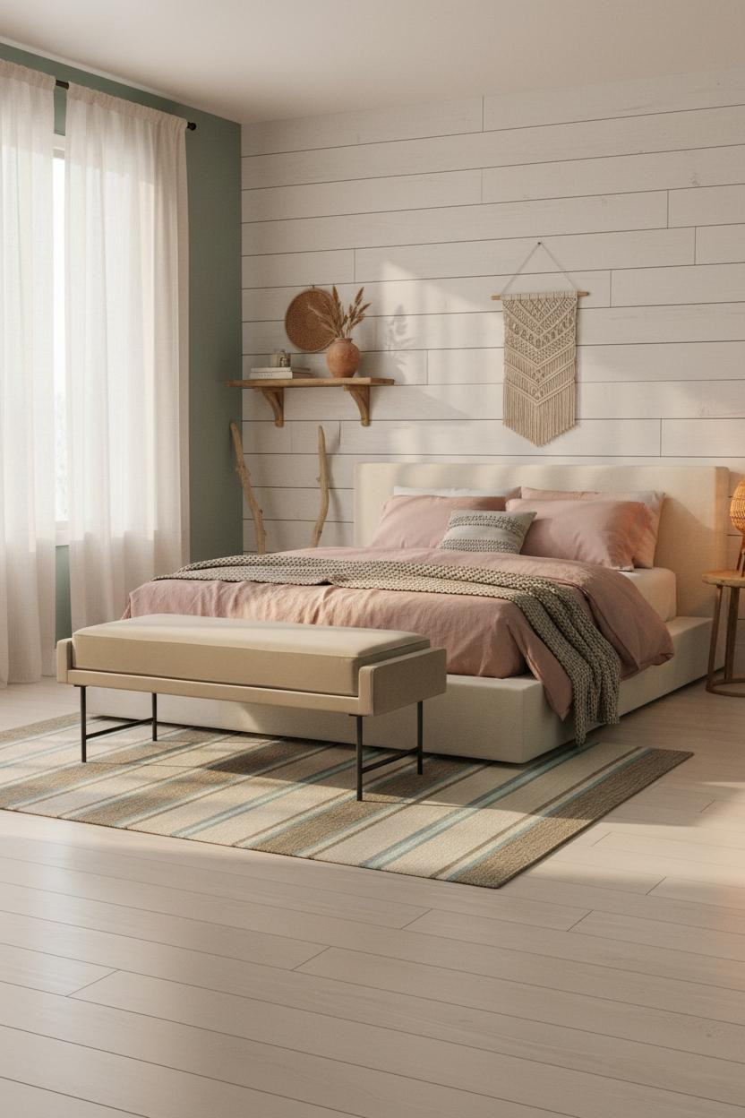 Coastal Boho Bedroom Whitewashed Shiplap