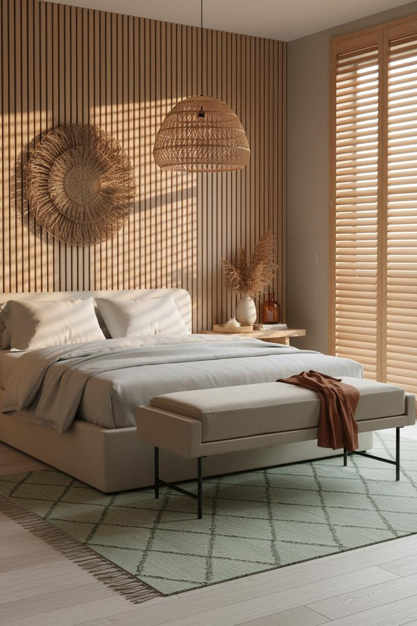 Coastal Boho Bedroom Wood Paneling Seafoam