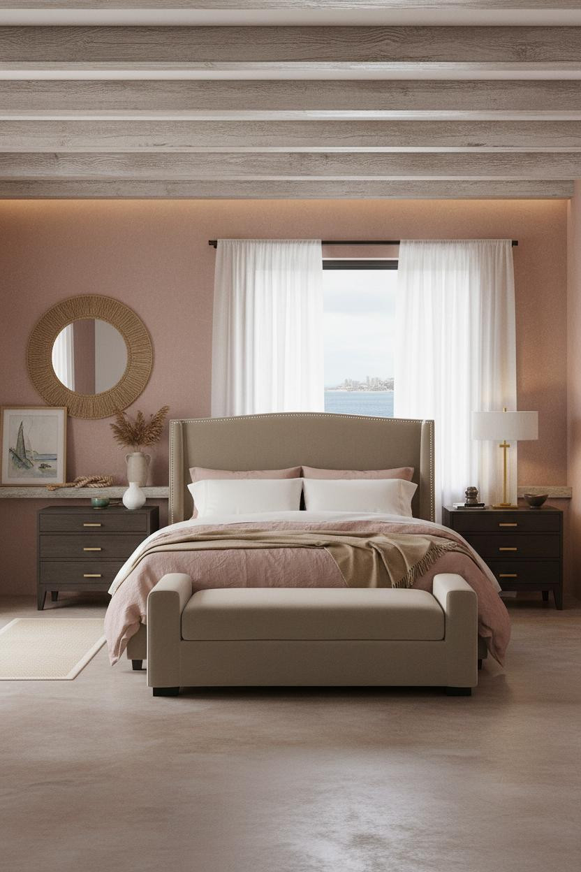 Coastal Chic Bedroom Driftwood Beams Taupe