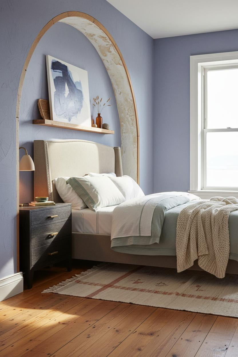 Coastal Cottage Bedroom Blue Walls Arched Alcove Window