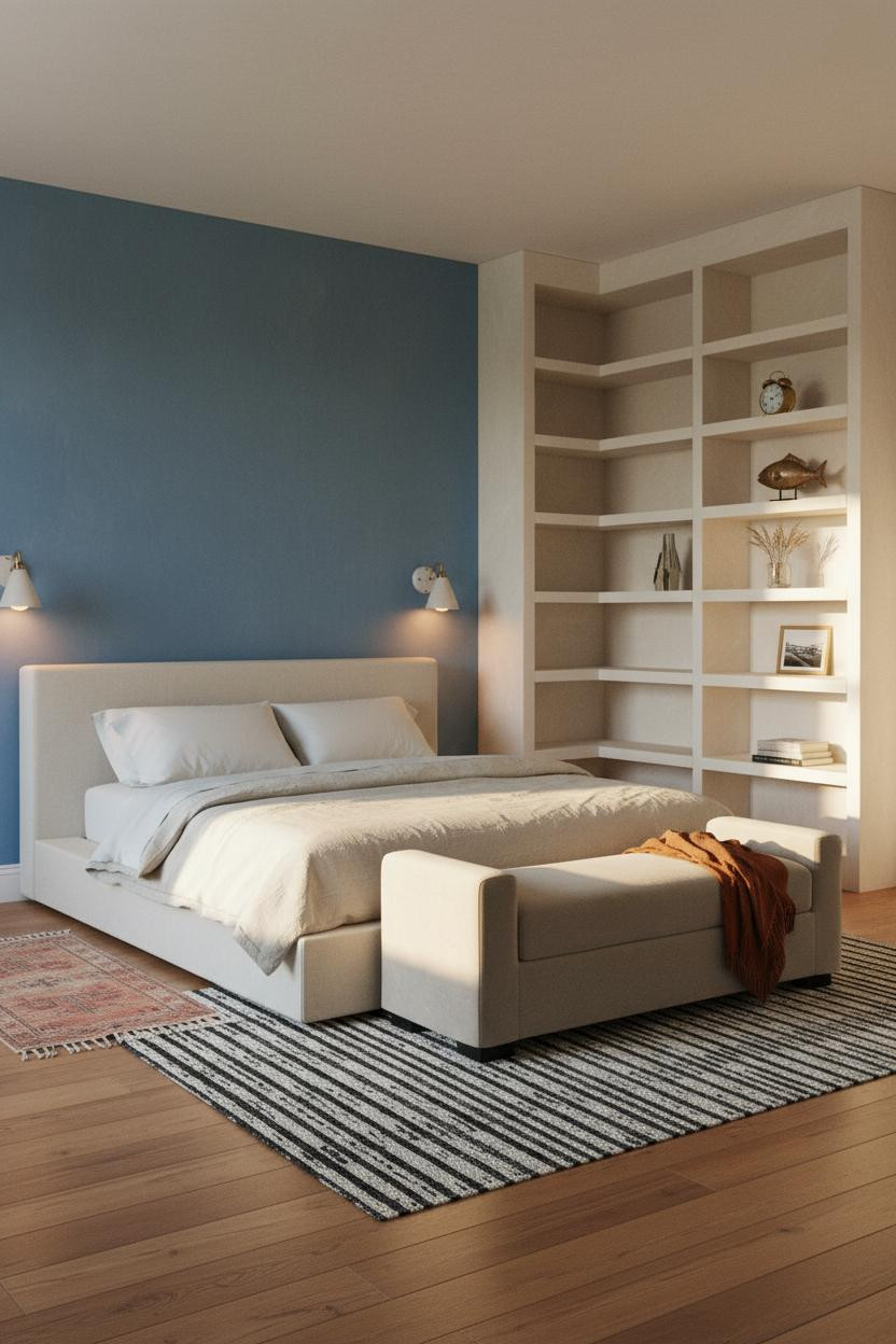 Coastal Cottage Bedroom Blue Walls Built In Shelving