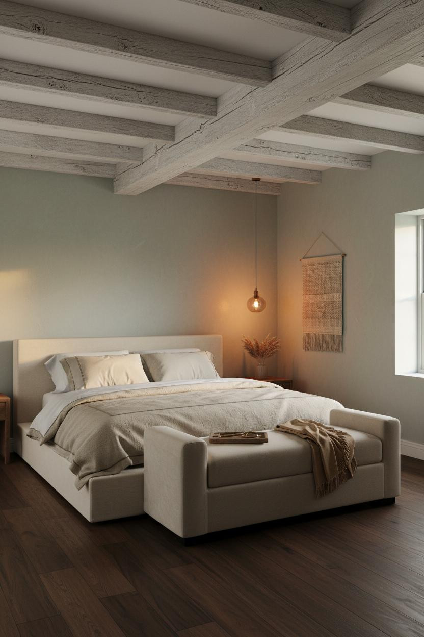 Coastal Cottage Bedroom Blue Walls Exposed Beams