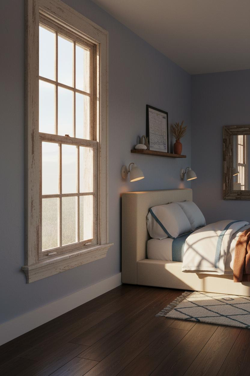 Coastal Cottage Bedroom Blue Walls Golden Light Vintage Window