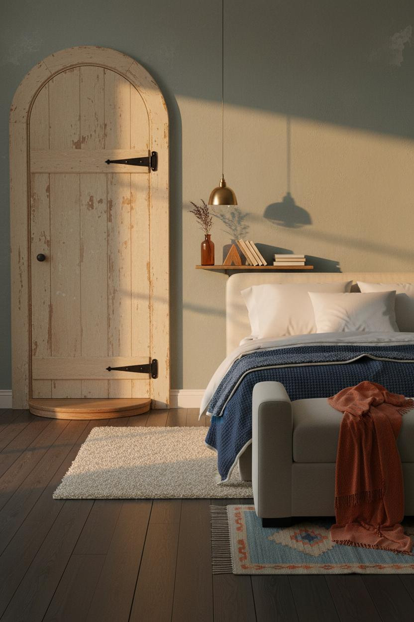 Coastal Cottage Bedroom Blue Walls Vintage Arched Door