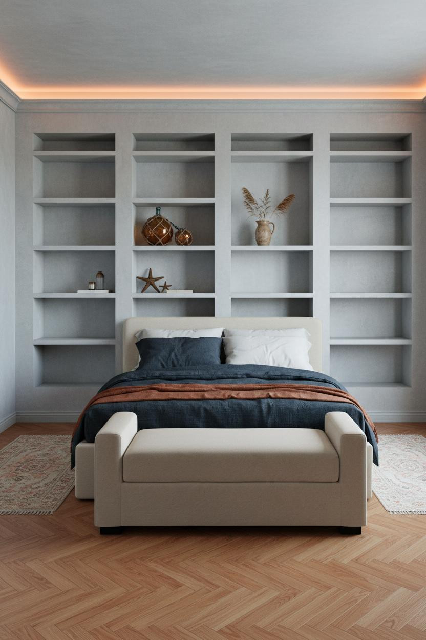 Coastal Grandma Bedroom Bookshelf Navy Linen