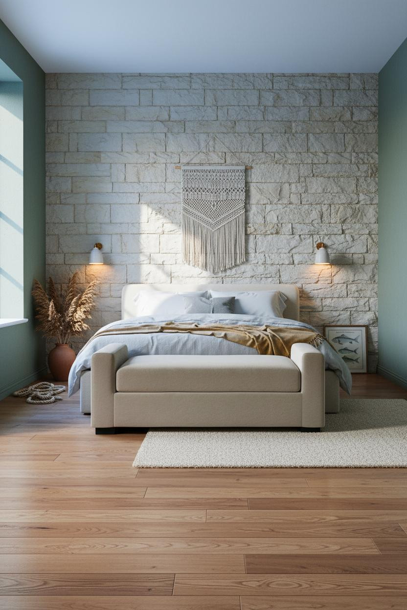 Coastal Grandma Bedroom Stone Accent Wall