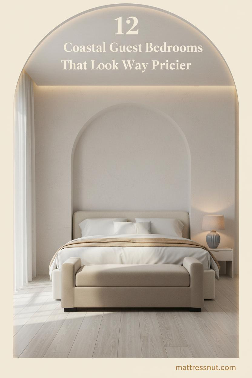 Coastal guest bedroom with limewashed arched niche, ivory linen bedding, camel throw, driftwood oak floors and sheer linen panels