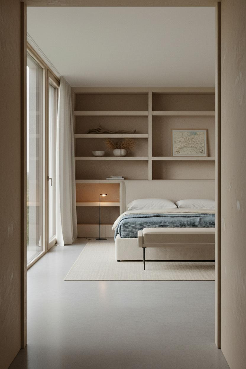 Coastal Guest Bedroom Shelving Neutral