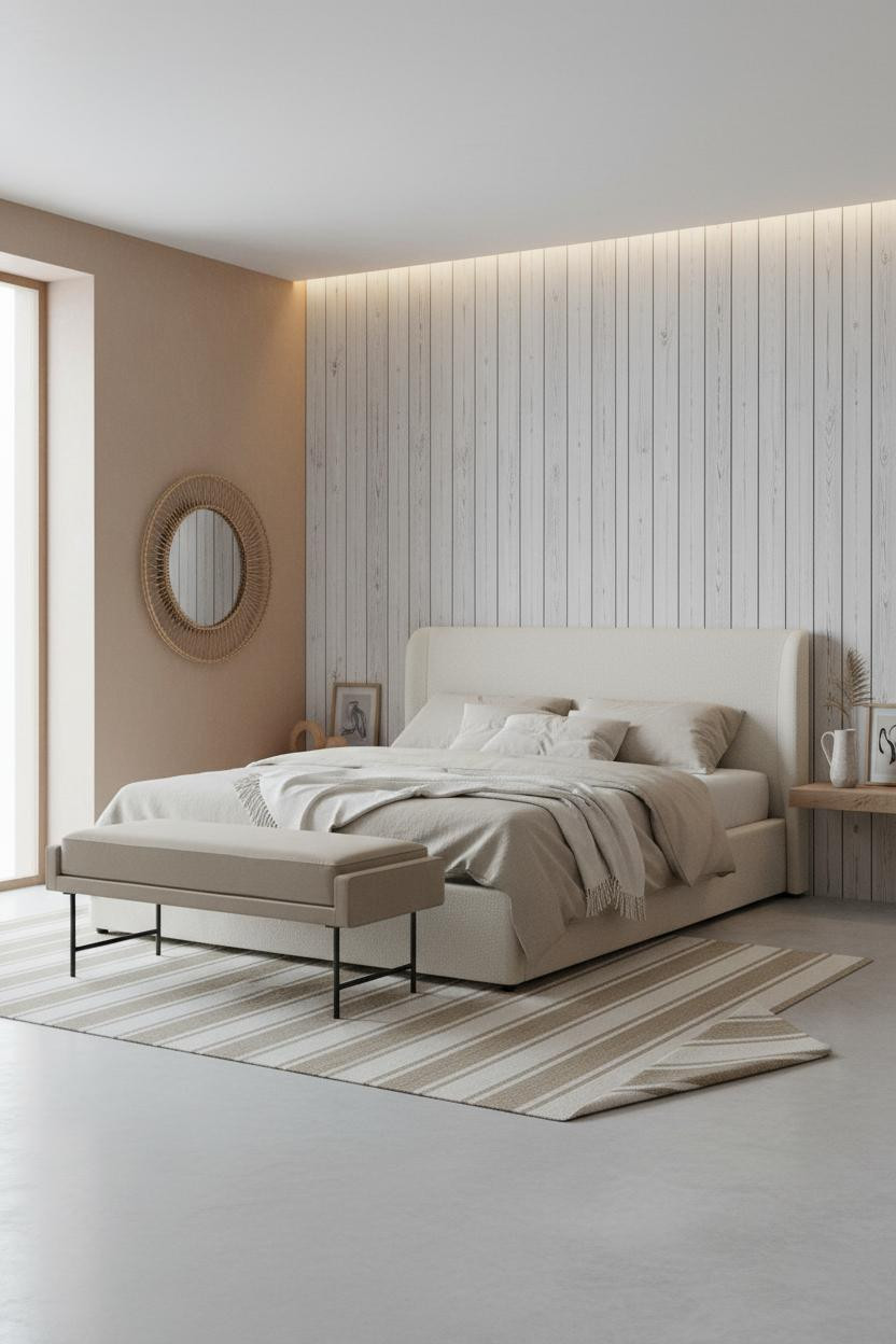 Coastal Guest Bedroom Whitewashed Wood Paneling
