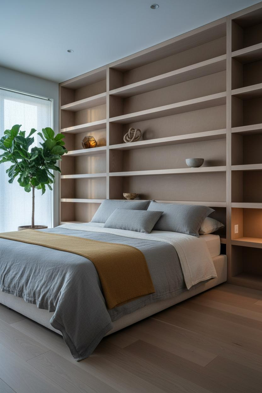 Coastal Master Bedroom Built In Shelves