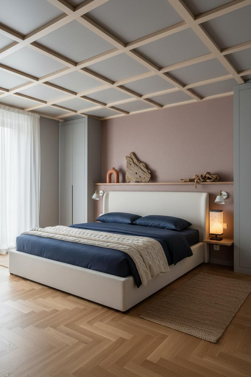 Coastal Modern Bedroom Coffered Ceiling