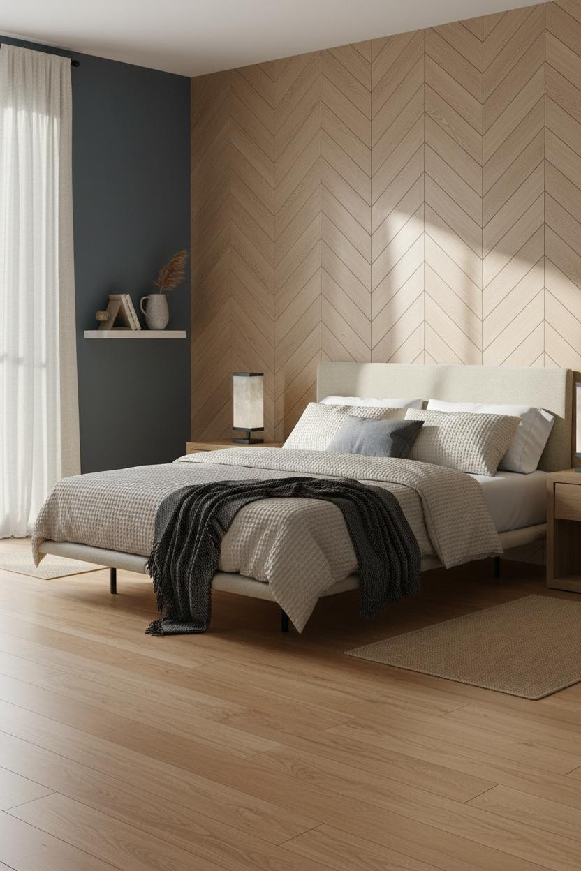 Coastal Modern Bedroom Herringbone Oak Wall
