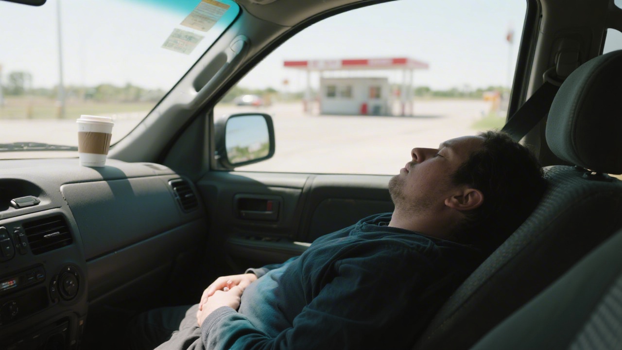 Person taking a coffee nap in parked car before driving to reduce fatigue