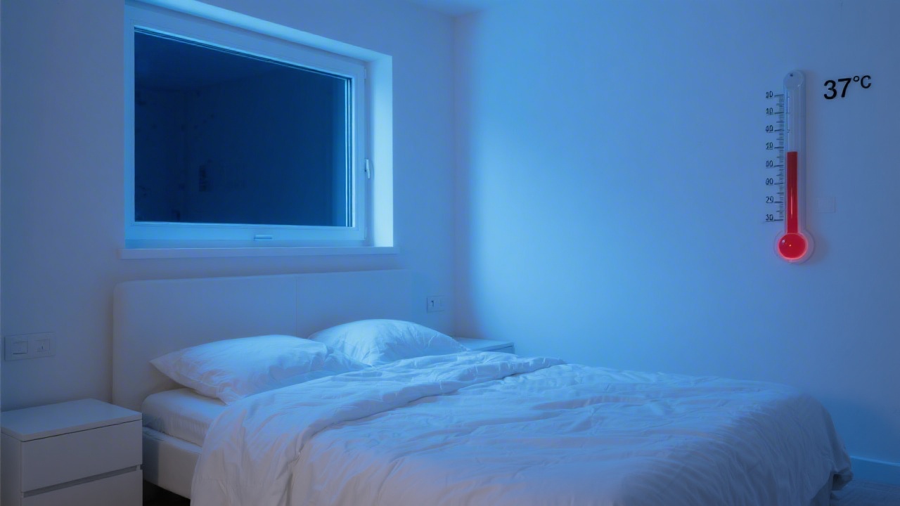 Cool minimalist bedroom at optimal sleep temperature 65-68°F