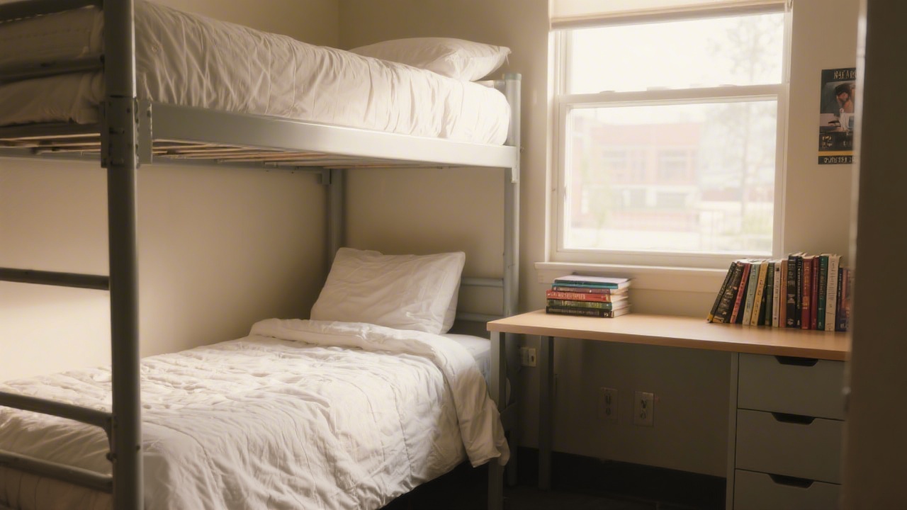 Twin XL mattress in a college dorm room with morning light