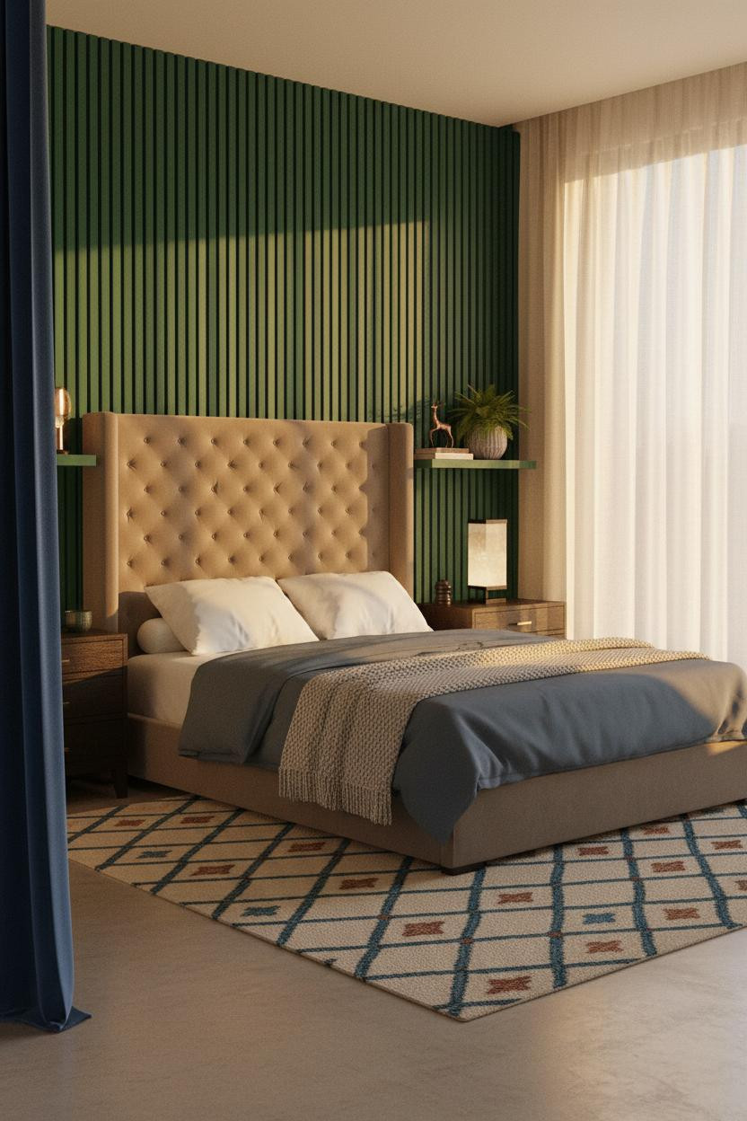 Colorful Bedroom Green Slatted Wall Sapphire