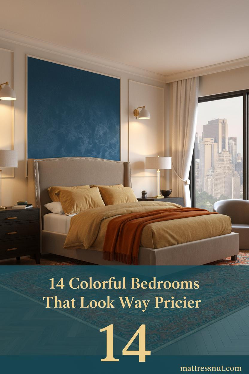 Sapphire plaster accent wall with burnt orange mohair throw, ochre linen bedding, Persian rug, ceramic sconces, warm amber light