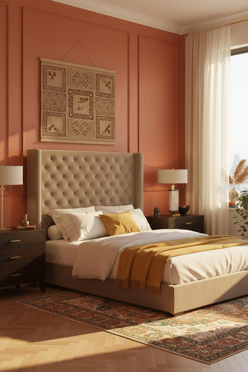 Colorful Bedroom Japandi Terracotta Accent Wall