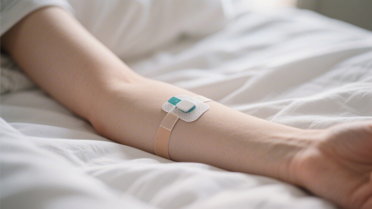 CGM sensor on forearm resting on bed linen