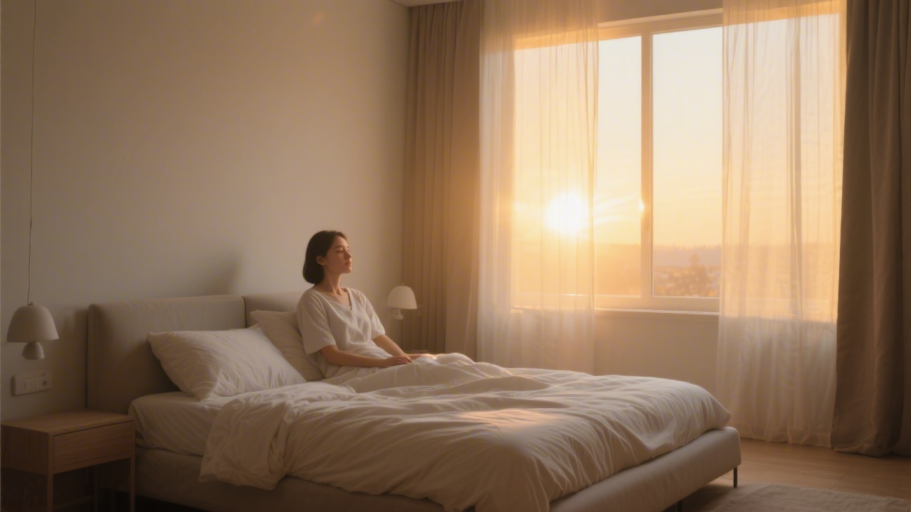 Person waking in a sunlit minimalist bedroom