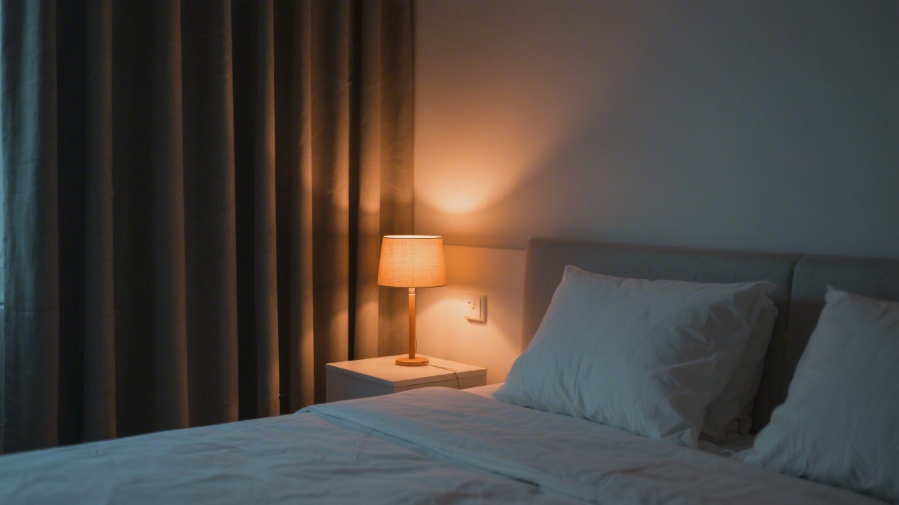 Calm dark bedroom environment for reducing cortisol and improving sleep