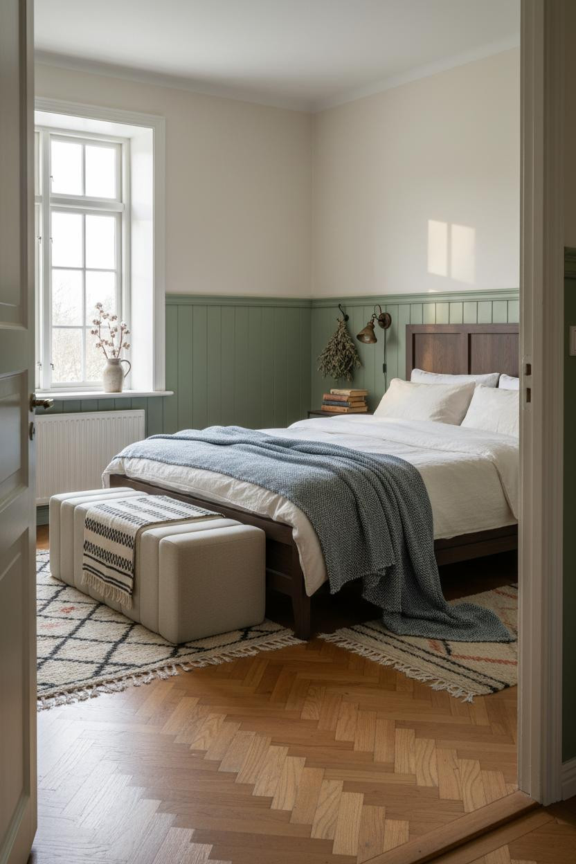 Cottage Bedroom Scandinavian Green Wainscoting Design