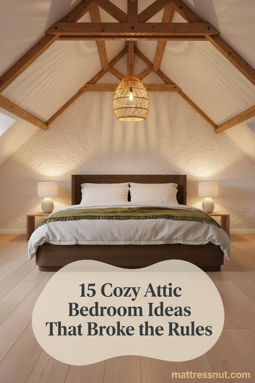 Low-pitch attic bedroom with exposed honey timber rafters, pale oak floors, oatmeal linen bedding, olive throw, and warm amber floor lamp glow