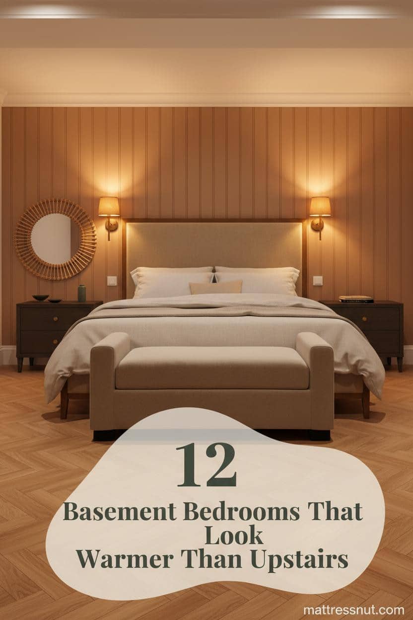 Cozy basement bedroom with clay board-and-batten accent wall, honey herringbone floors, ivory linen bedding, and warm amber sconce lighting