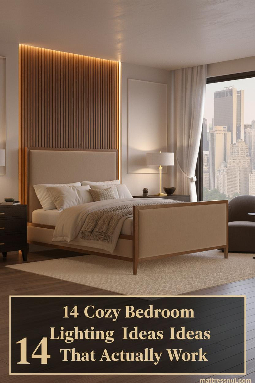 Warm amber bedroom with backlit ribbed walnut accent wall, ivory linen bedding, boucle textures, and sculptural brass lamp on walnut nightstand