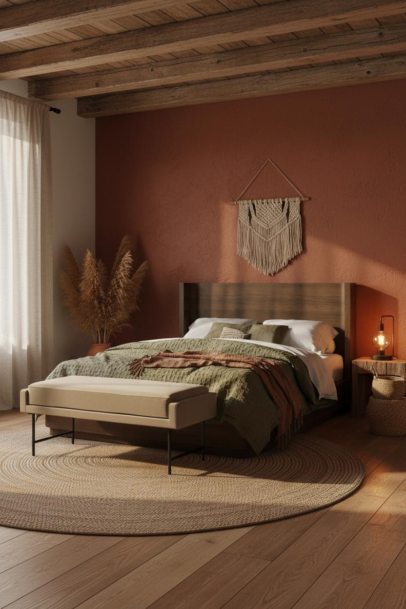 Cozy Boho Bedroom Earthy Accent Wall Natural Wood