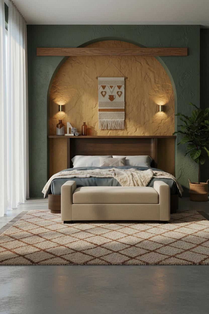 Cozy Boho Bedroom Earthy Plaster Accent Wall