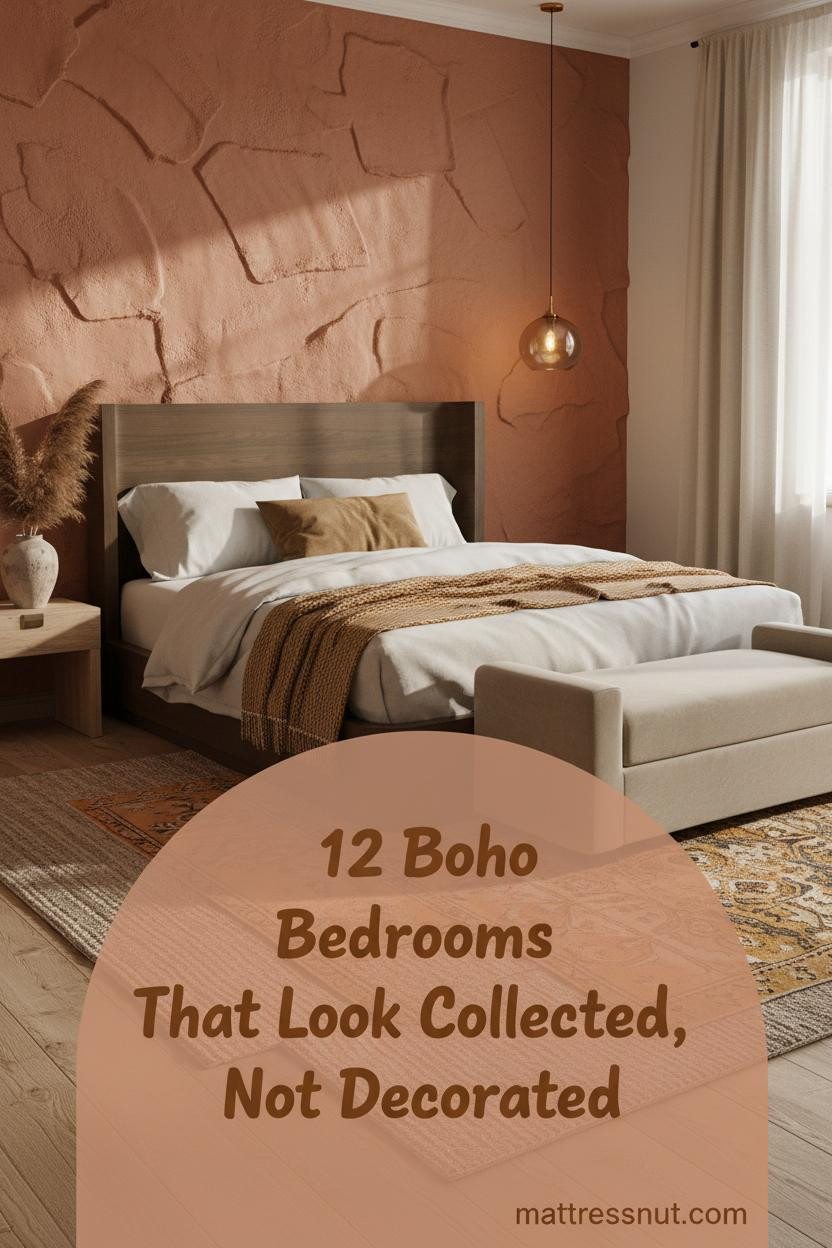 Boho bedroom with hand-troweled terracotta plaster wall, reclaimed oak floors, ivory linen bedding, mustard throw, and warm amber pendant light