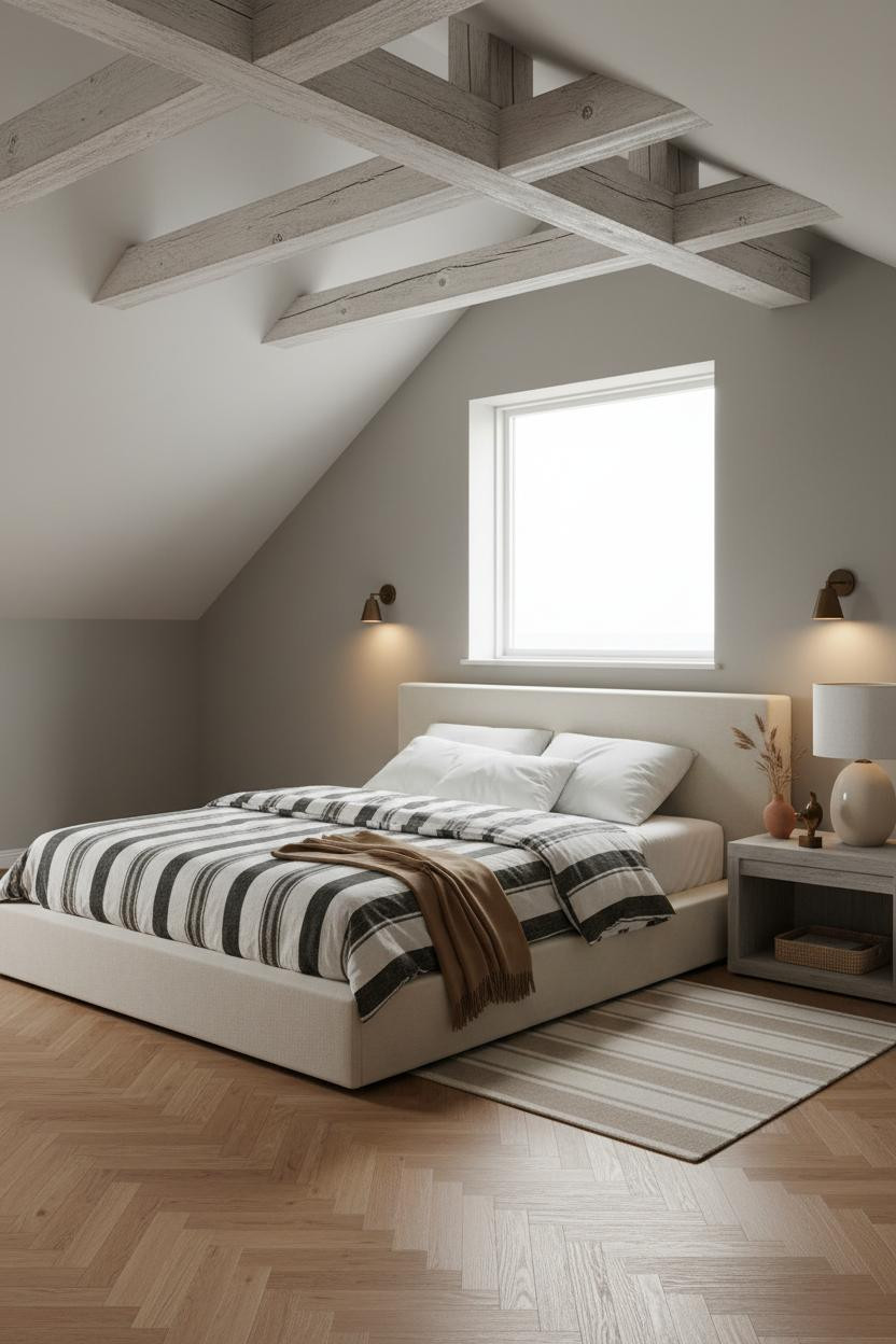 Cozy Coastal Bedroom Attic Beams