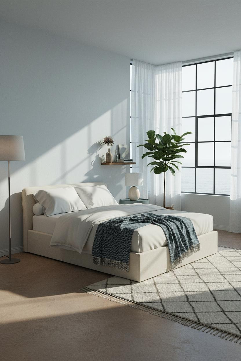 Cozy Coastal Bedroom Crittall Window Neutral Light