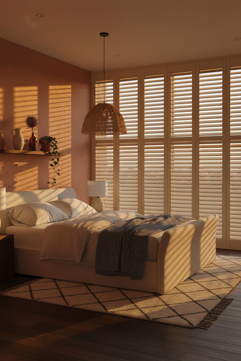 Cozy Coastal Bedroom Louvered Shutters